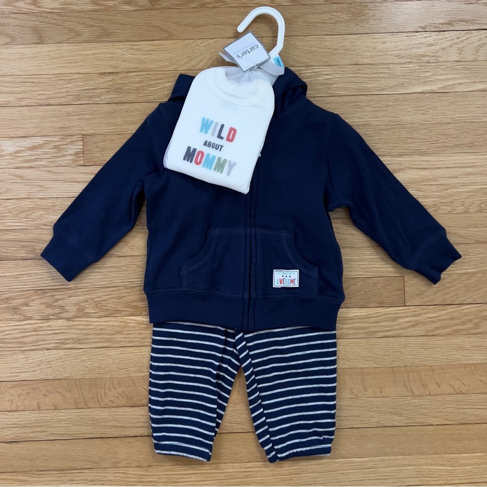 NWT Carters 3 Piece Baby Outfit, 6 Month, Wild About Mommy, Navy, Long Sleeve